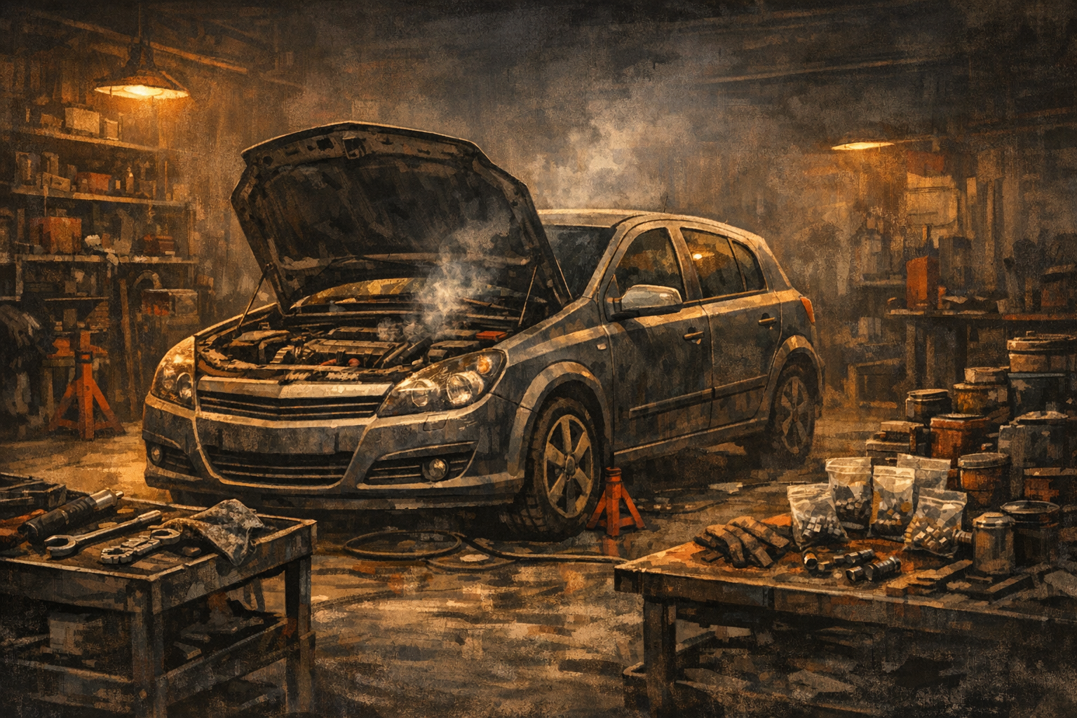 Стилизованная широкая сцена мастерской с Opel Astra H в темном гараже и открытым капотом