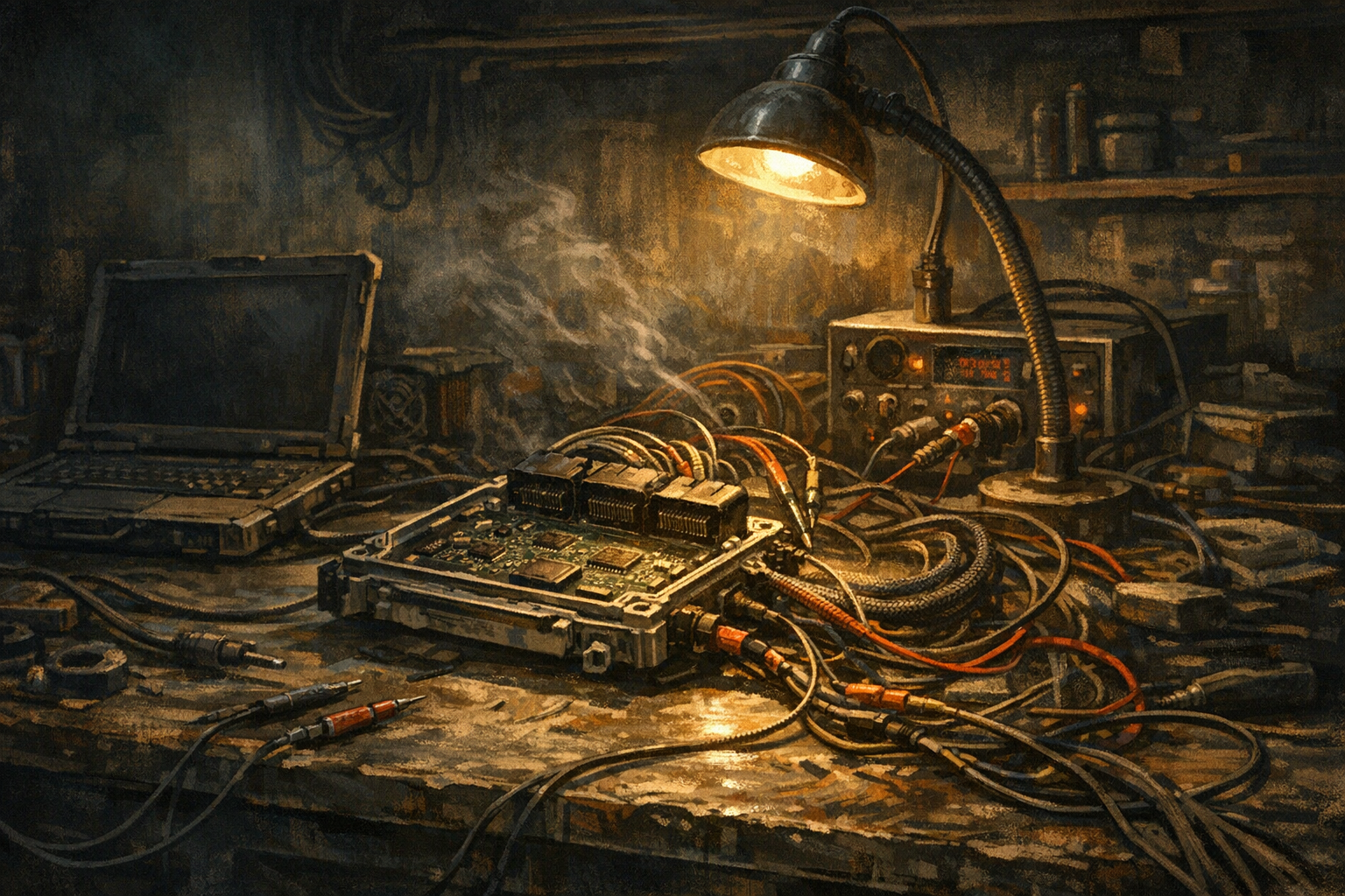 Стилизованная bench-сцена с прошивкой ЭБУ, SIMTEC-стендом, проводами и инструментом