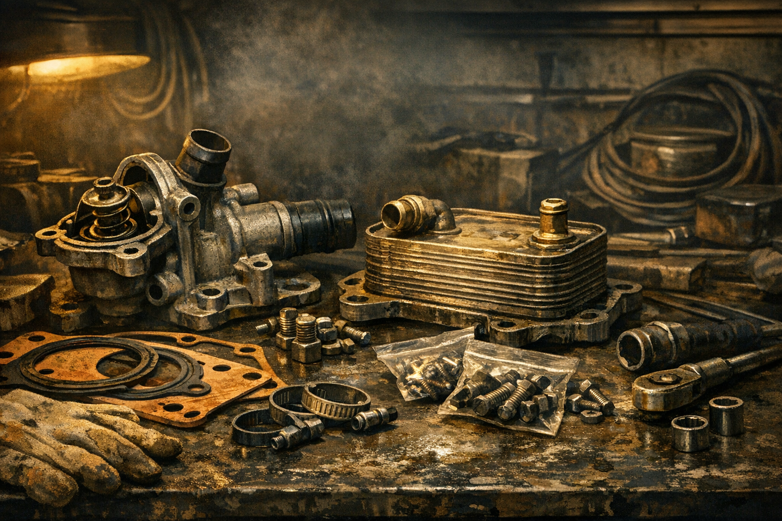 Стилизованный механический натюрморт с термостатом, прокладкой, масляным металлом и гаражными деталями